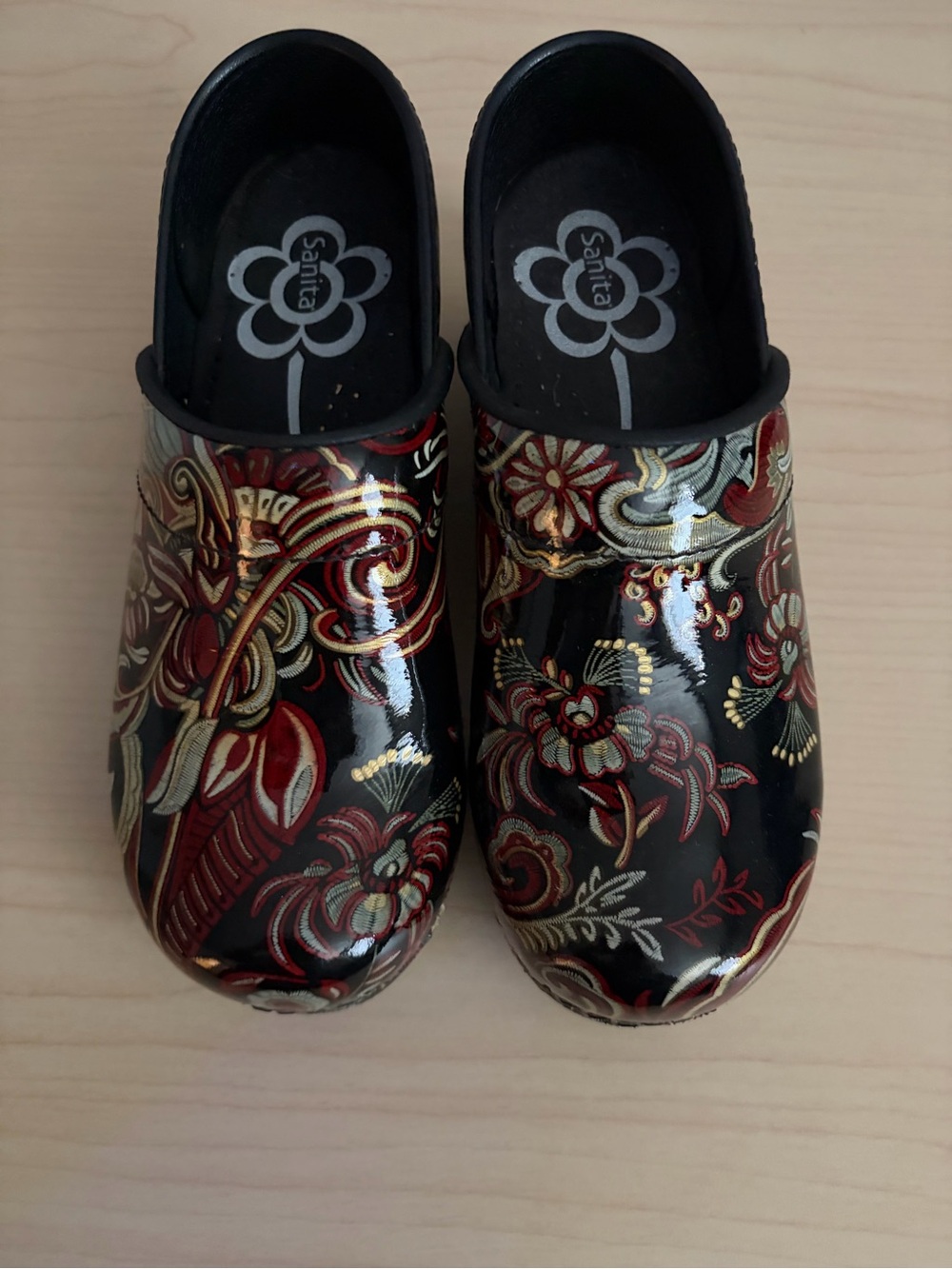 Sanita Black Patent Floral Clogs with Red and Gold Accents